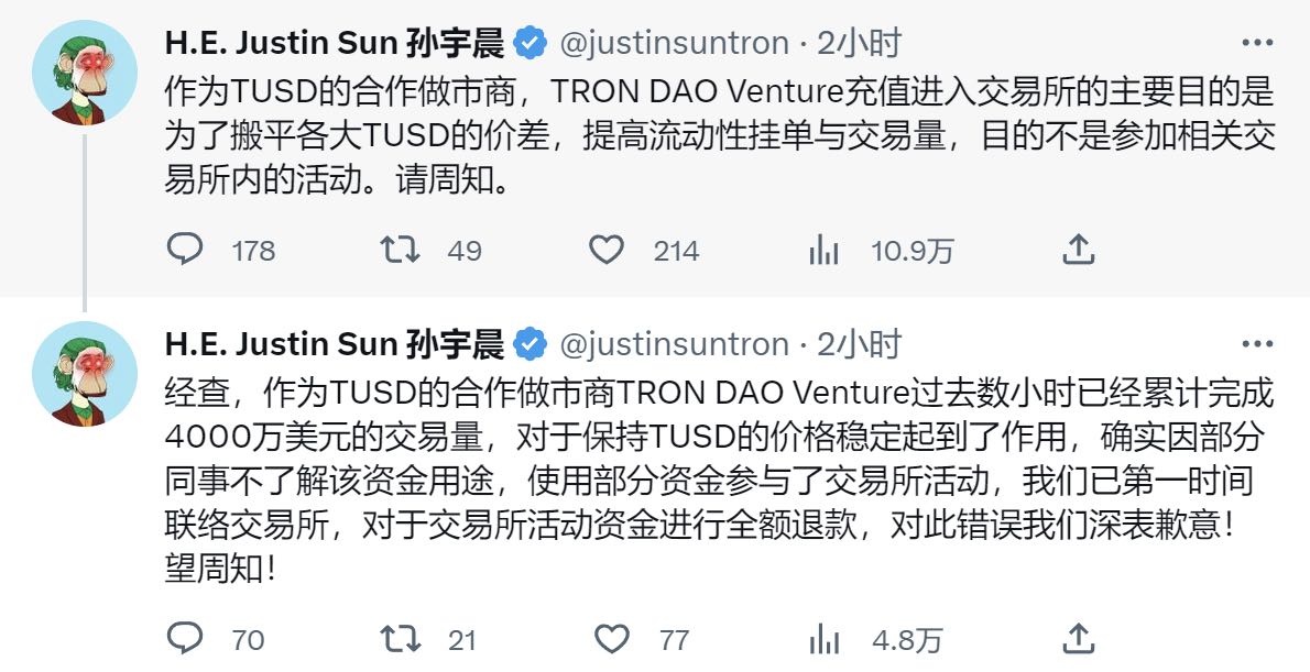 孙宇晨:TDV向交易所充值意为提升TUSD流动性,误参与兑换活动的部分已安排全额退款